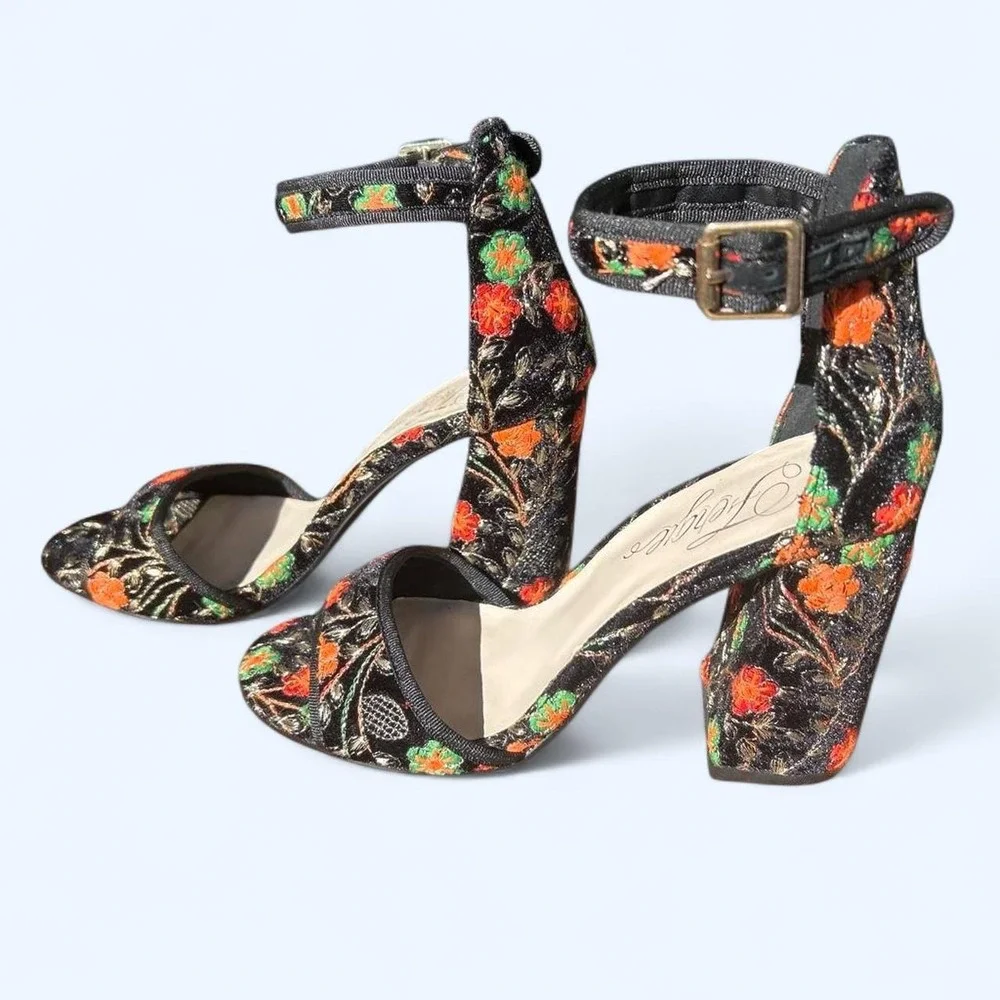 Whimsical Goth Velour Black floral block heels with ankle strap